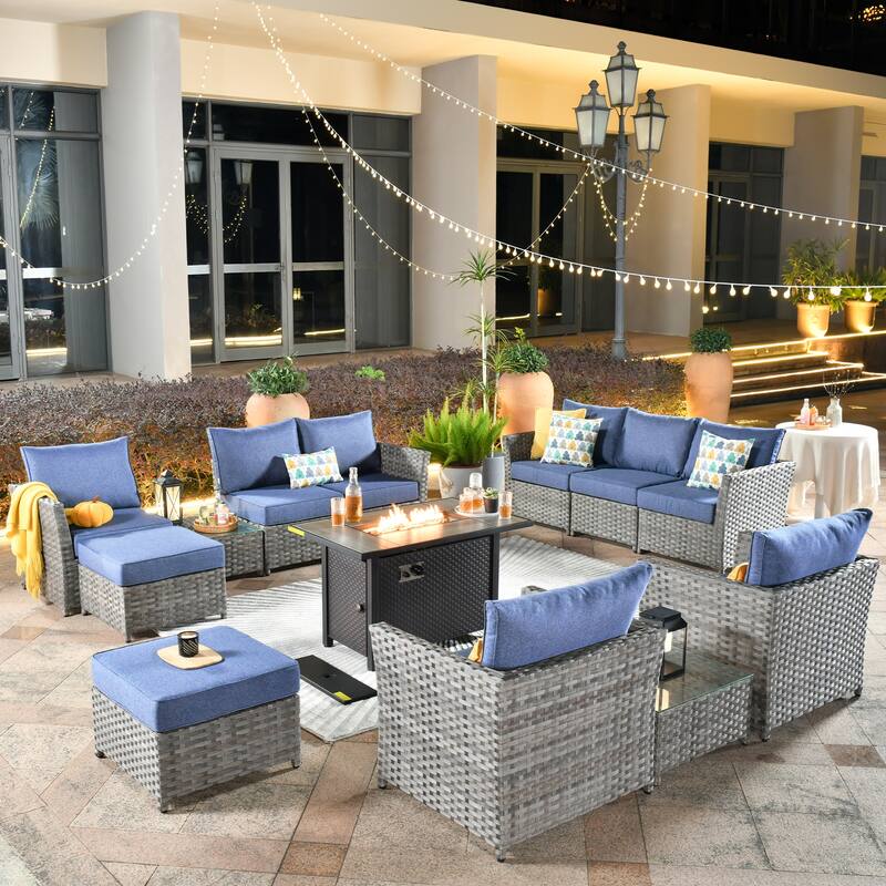 HOOOWOOO 13-piece Wicker Rattan Patio Sectional Conversation Set with Fire Pit - Denim Blue