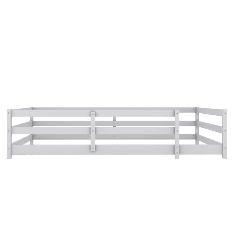 Grey Full Size Wood Floor Bed w/ Fence for Kids, Girls, Boys, Easy Assemble
