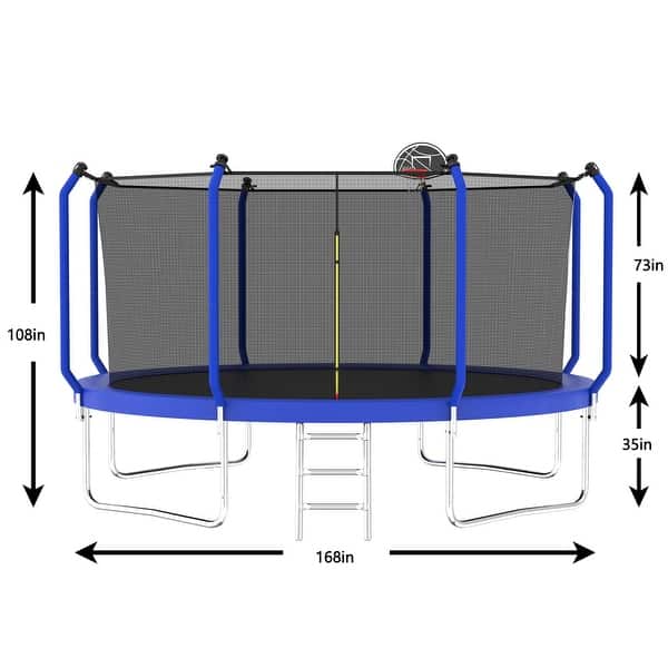 14ft Blue Round Outdoor Trampoline with Safety Enclosure Net and Basketball Hoop