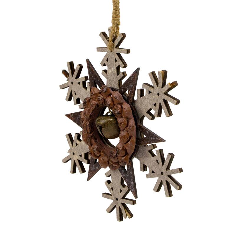 Wooden Snowflake Christmas Ornament with Jingle Bell - 6" - Brown and Beige