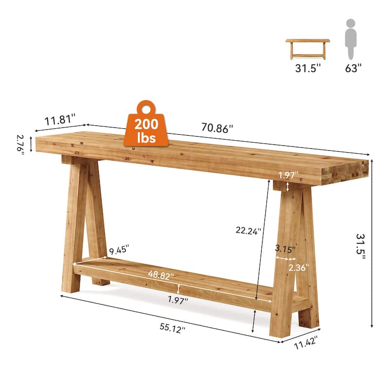 70.87-Inch Long Solid Wood Sofa Table with Shelves for Entryway