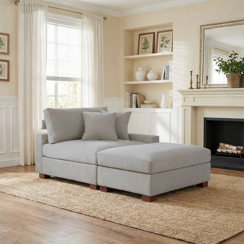 Plush Chenille Single Modular Sectional Sofa Chaise with Pillows - Grey-Sofa+OT R - Right Facing