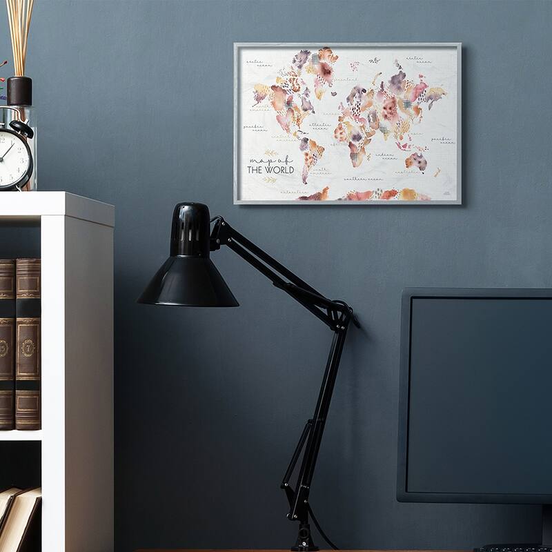 Stupell Abstract Floral World Map Watercolor Pink Purple Framed Wall Art