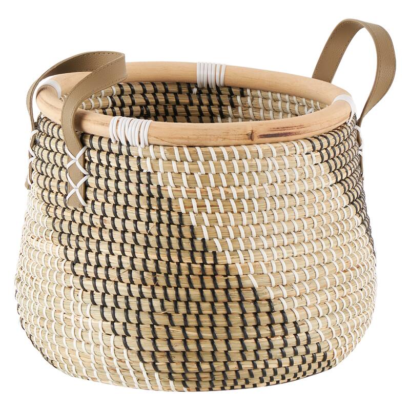 Brown Seagrass Handmade Diagonal Striped Storage Basket with Black and White Plastic Weaving and Leather Handles (Set of 2)