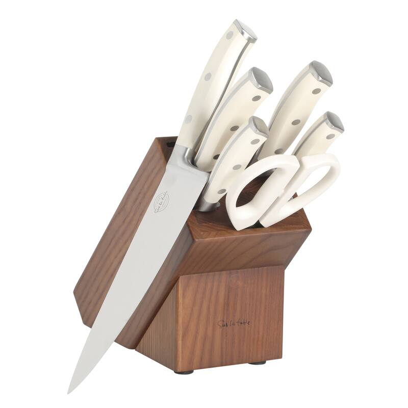 Sur La Table Kitchen Essentials High-Carbon German Steel 7 Piece Forged Cutlery Kitchen Knife Block Set W/ Ashwood Block - Eggshell