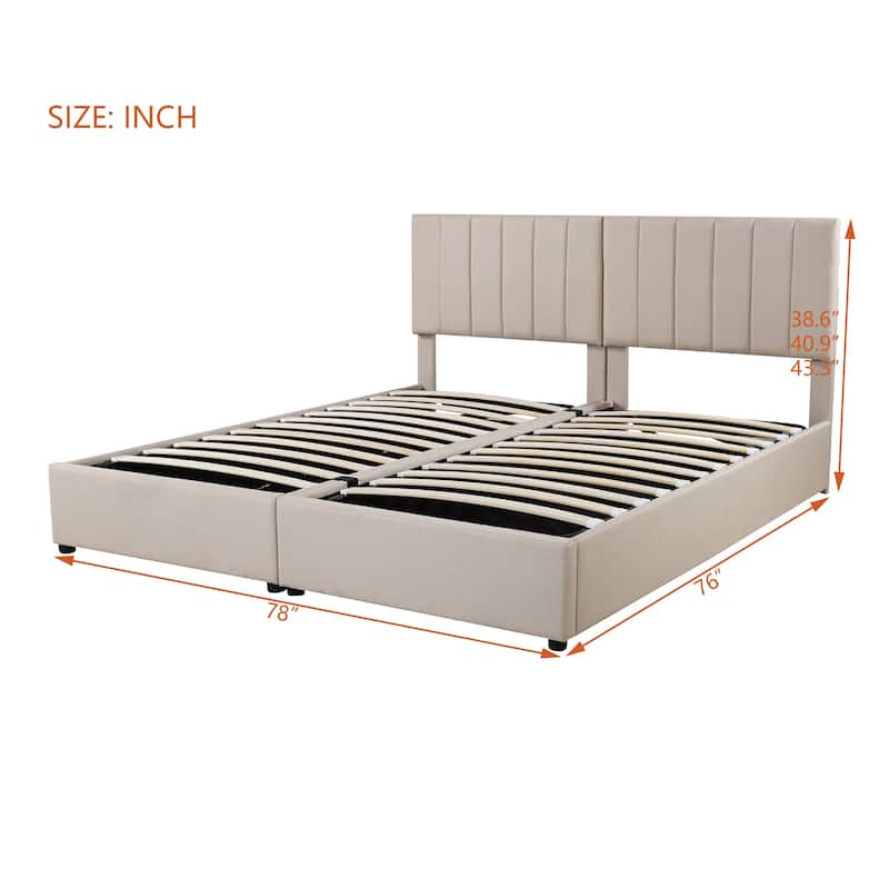 King Size Upholstered Platform Bed with Hydraulic Lift Storage, Vertical Stripe Headboard, and Ample Under-Bed Storage