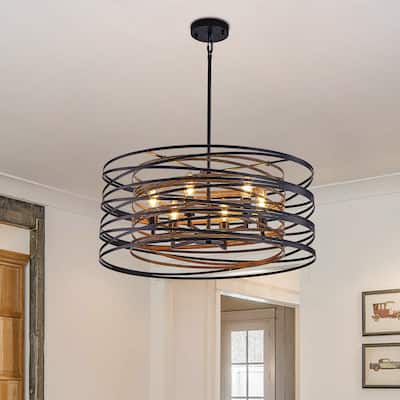 24" Rustic Industrial Pendant Light, 6-Light Black and Walnut Metal Cage Chandelier with Wood Accent