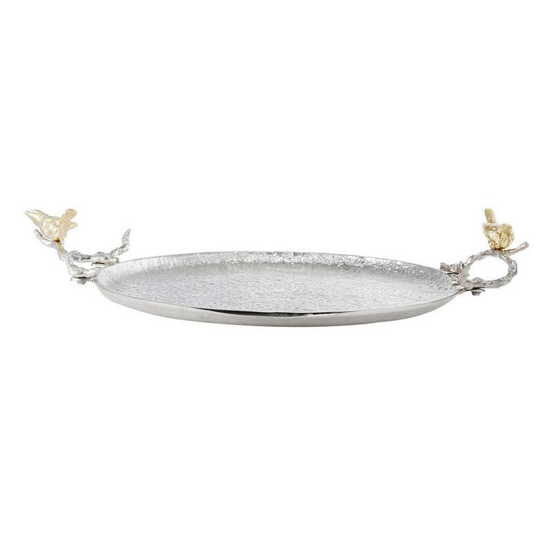 21 Inch Decorative Tray Set of 2, Perched Birds Silver Metal, Large