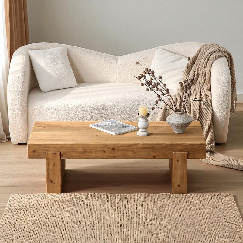 47.56" Farmhouse Solid Wood Coffee Table - Rustic Rectangular Cocktail Table with Thick Block Legs, Low Profile Accent Table