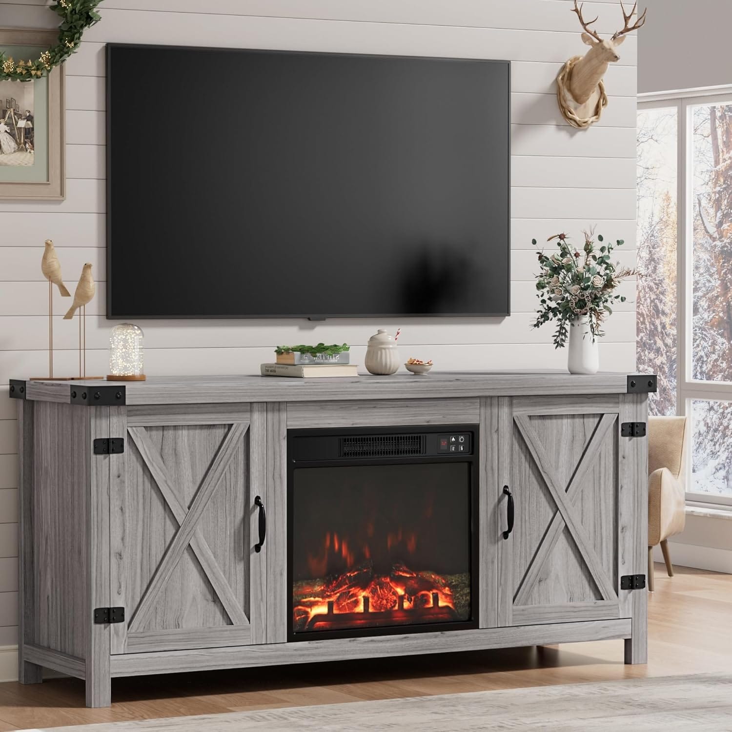 Rustic TV Stand for Up to 65" TVs, Farmhouse Media Console with Barn Doors and Storage, Grey Wash