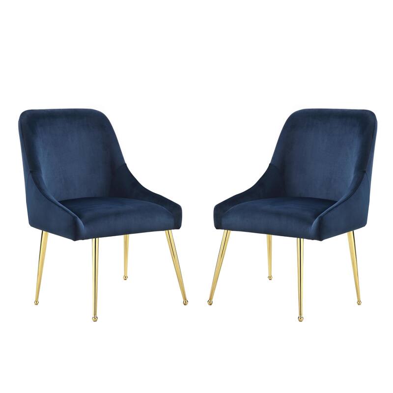 Set of 2 Upholstered Side Chairs with Metal Legs in Dark Ink Blue - Dining Height - Set of 2 - Dark Ink Blue/Gold