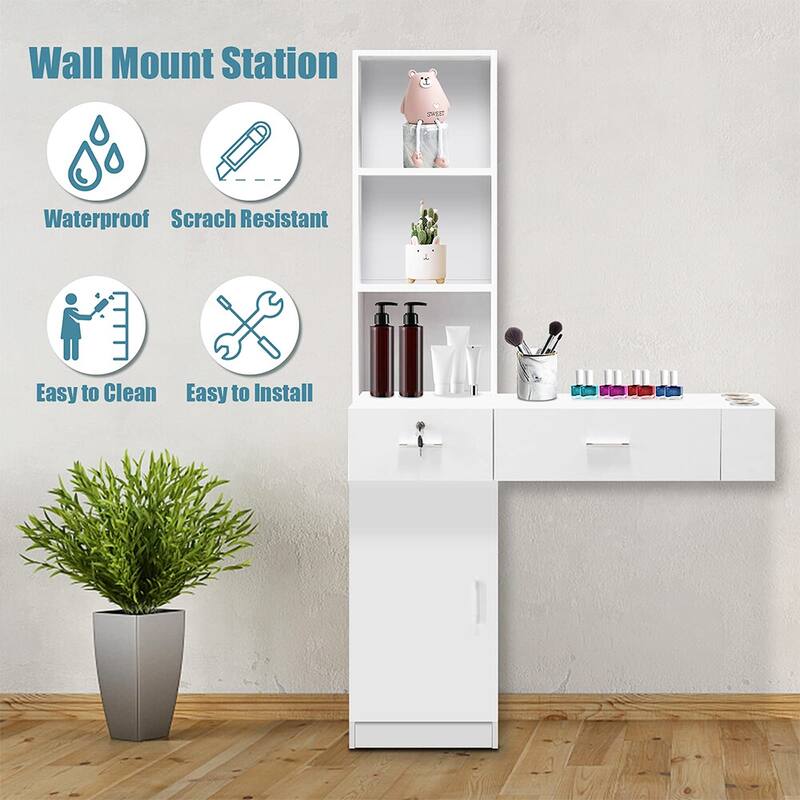 Wall Mount Makeup Vanity Dressing Table,Drawers & Hair Dryer Holder - W39.76*D13.19*H66.93