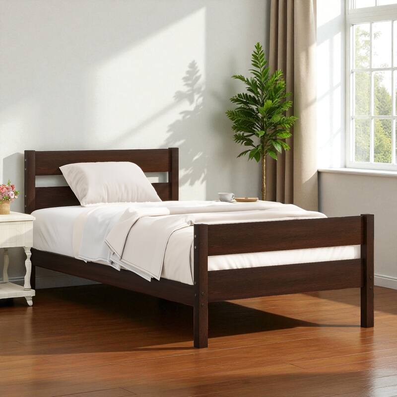 Twin Bed with Headboard and Footboard, Solid Rubber Wood Frame with Under-Bed Storage and Durable Slat Support