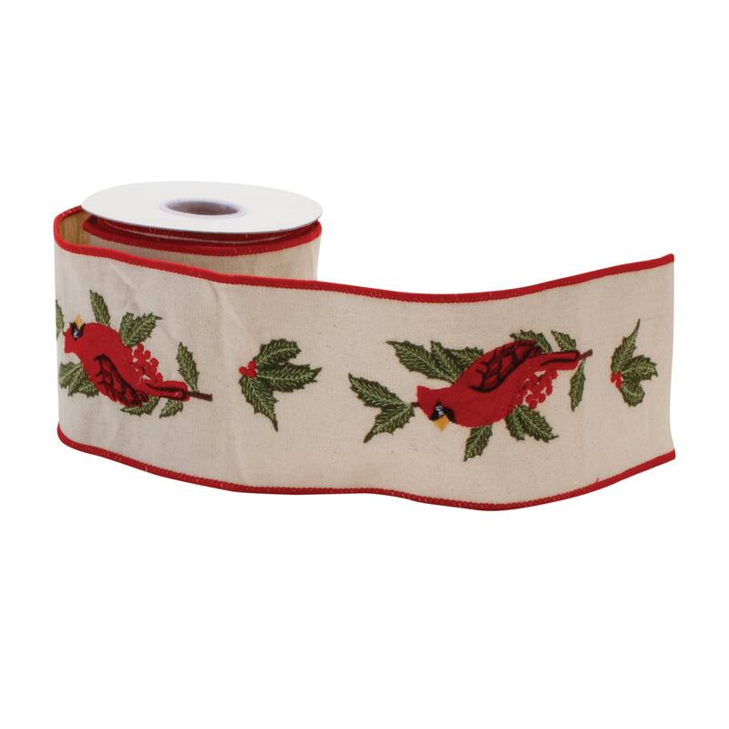 4" Wide Beige Red Wired Holiday Ribbon with Holly Leaves and Cardinal Design for Crafts and Wrapping - 180”L x 4”W x 0.25”H