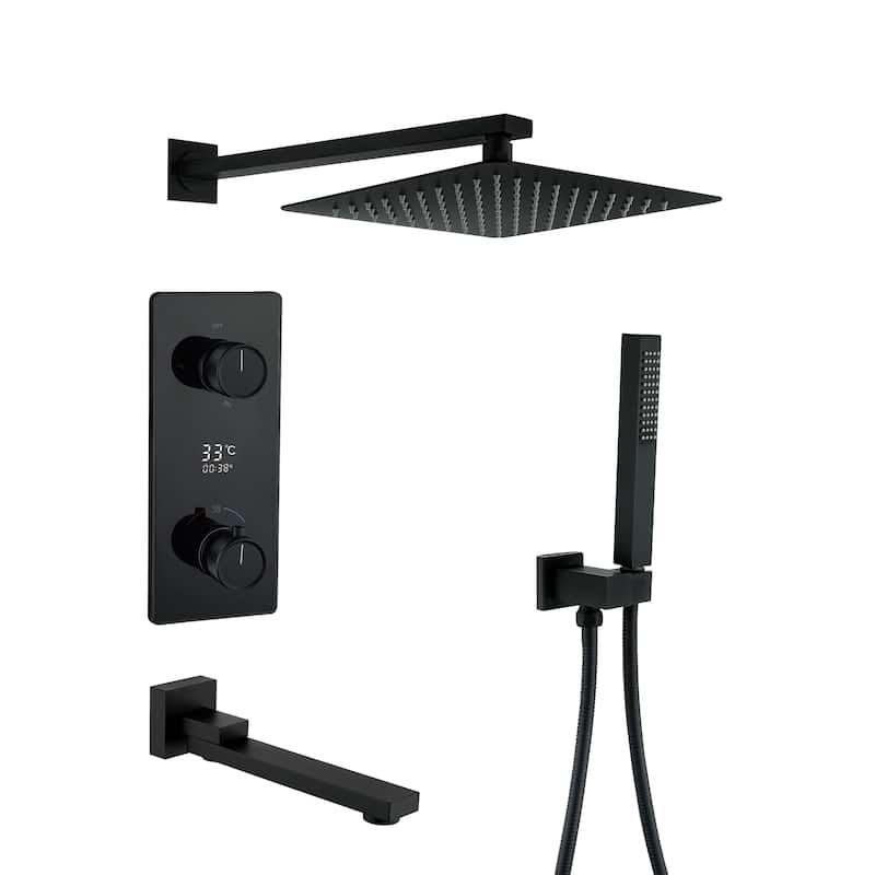 3-Way Thermostatic Complete Rainfall Shower System with Rough in-Valve Rain Shower Heads,Black/Gold