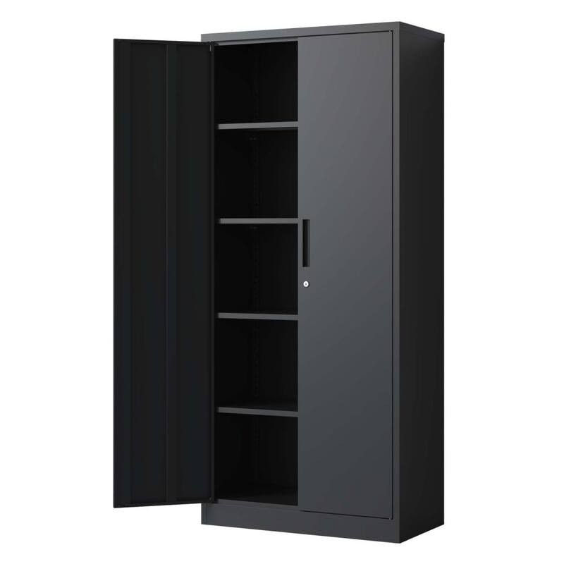 72"H Metal Garage Storage Cabinet Black Tool Steel Locking Cabinet with Doors and 4 Shelves