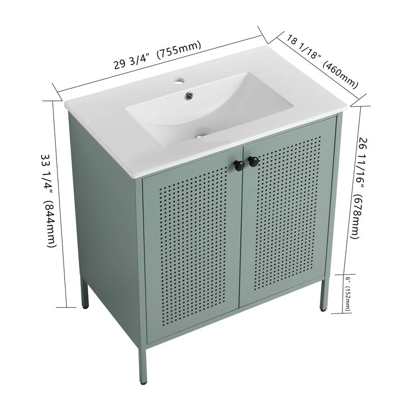 Bathroom Vanity with Ceramic Sink, Freestanding Bathroom Storage Cabinet, Bathroom Vanities with 2 Doors & Adjustable Shelves