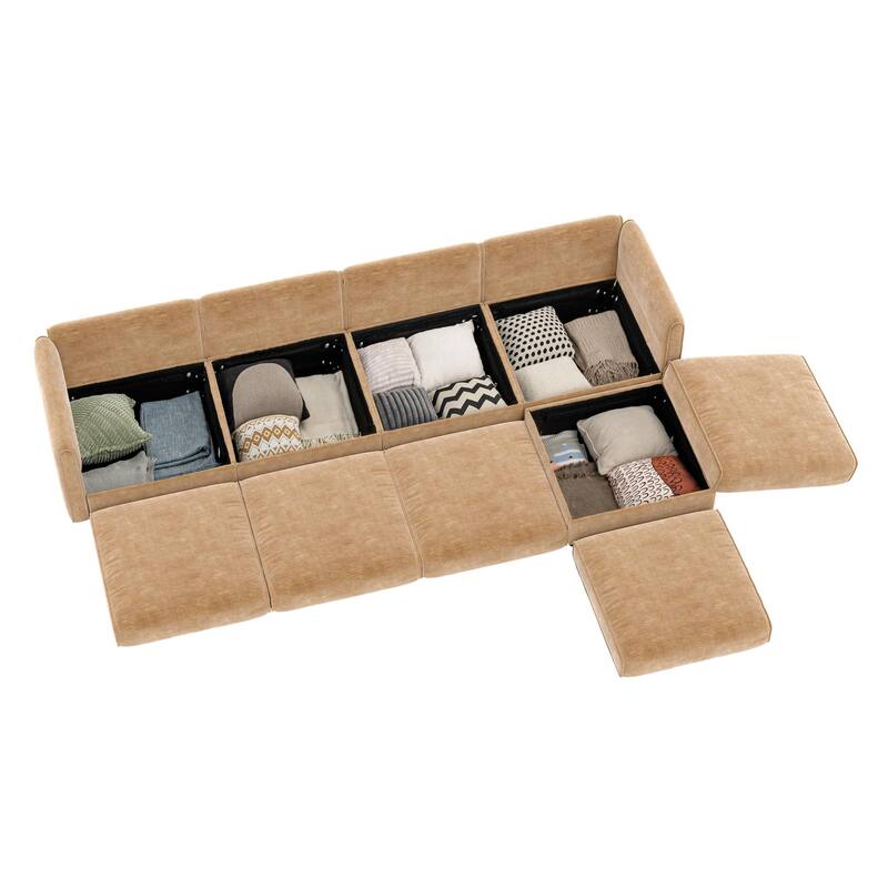 142.5" Chenille L-Shaped Sectional Sofa with Storage & Round Back