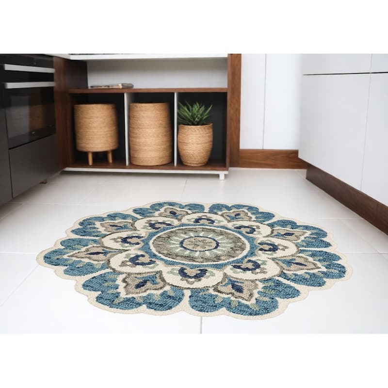 Hand Tufted Geometric Floral Area Rug - 5' Round - 5' Round - Blue