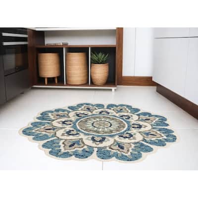 Hand Tufted Geometric Floral Area Rug - 5' Round