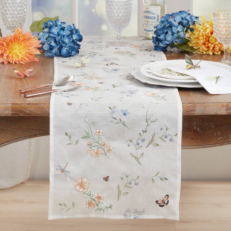 Sheer Floral & Butterfly Printed Table Runner with Soft Botanical Motif and Lightweight Decorative Finish, 14"x72"