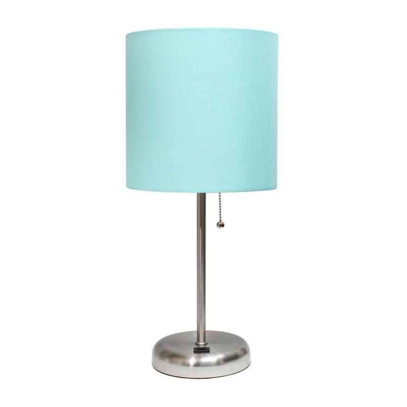 19.5 in. Brushed Steel Finish Table Lamp with Blue Shade, Durable Stick Lamp for End/Side Tables