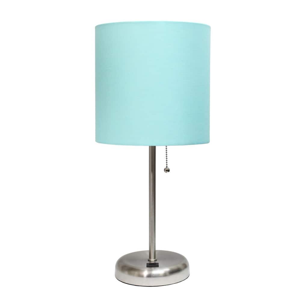 19.5 in. Brushed Steel Finish Table Lamp with Blue Shade, Durable Stick Lamp for End/Side Tables