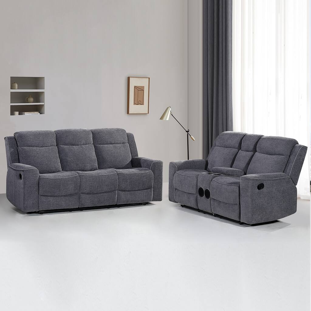 2PC Soft Microfiber Manual Reclining Sofa Set Sofa w/Dropdown Table Loveseat with Bluetooth Speaker and Type-C Charger