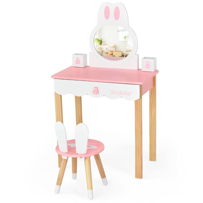 Costway Kids Vanity Set Rabbit Makeup Dressing Table Chair Set W/ - See Details