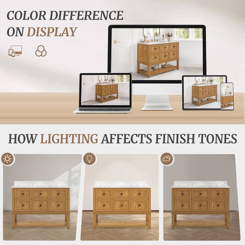 48 Inch Single Bathroom Vanity with 6 Drawers, Marble Top Bathroom Vanity with Sink in White