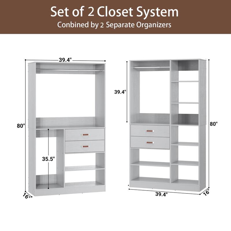 Vryon 110'' Set of 3 Freestanding Corner Closet System, Reversible Closet Organizer with Drawers and Hanging Rods