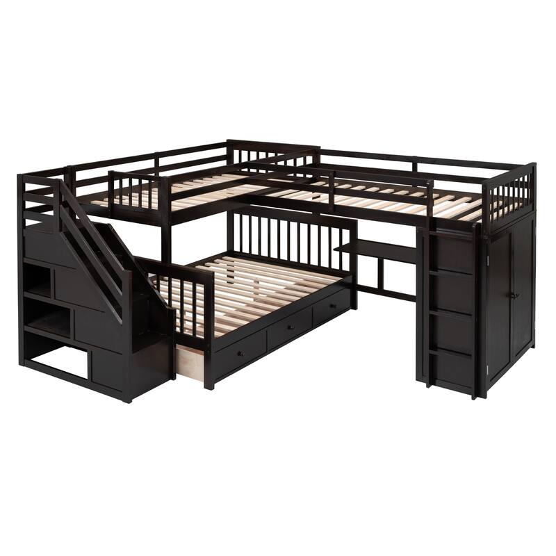 L-Shaped Bunk Bed with Twin and Full Beds, 3 Drawers & Wardrobe - 600lb Capacity, Solid Wood Frame