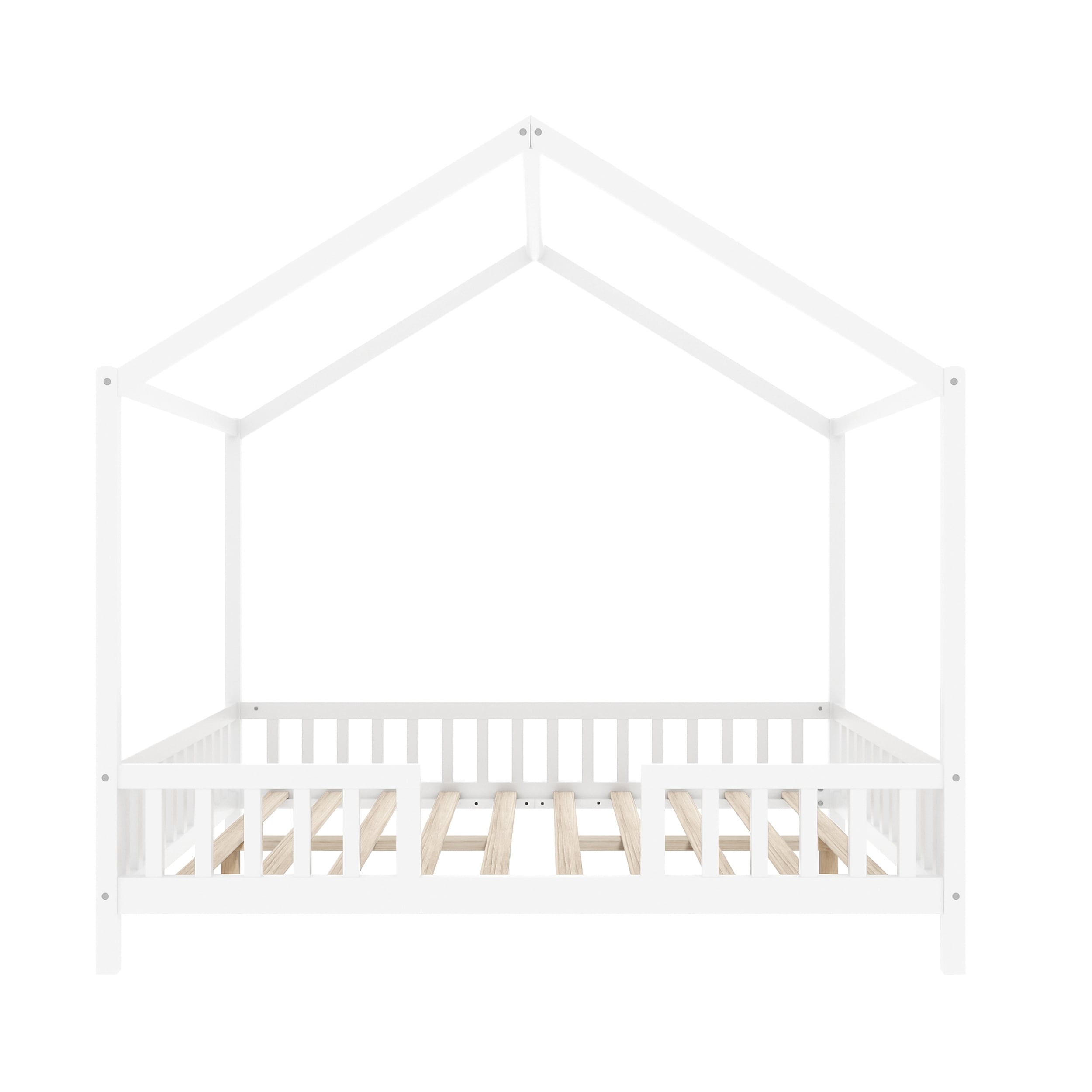 Full Size Canopy House Kid's Bed with Safety High Railings, Roof