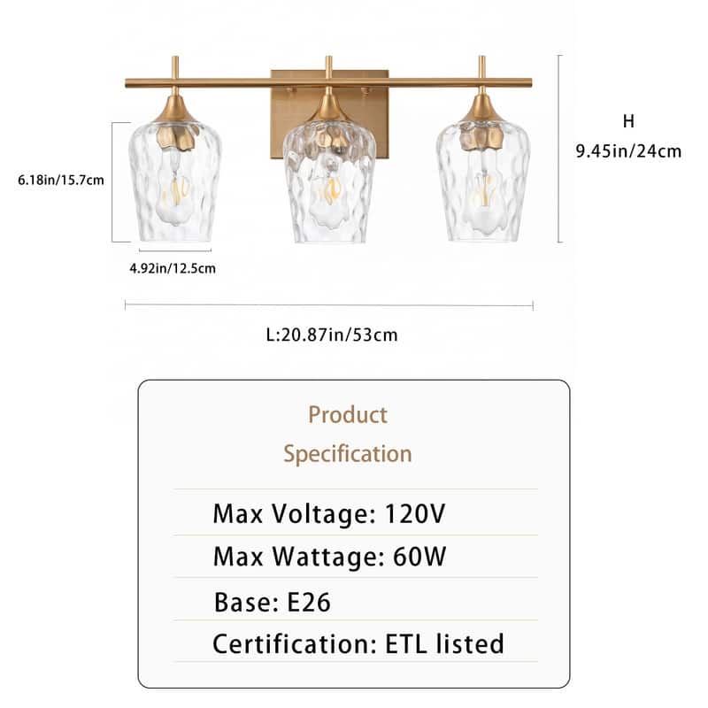 3 Light Bathroom Vanity Light with Brushed Brass Finish with Clear Textured Glass Shades