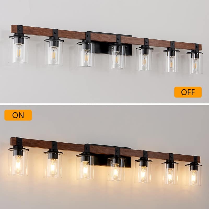 Vanity Light, Industrial Bathroom Wall Sconce with Glass Shades and Wood Accent, Modern Farmhouse Lighting Fixture (No Bulbs)