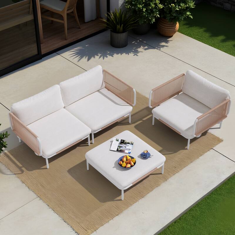 Pellebant Outdoor Sectional Sofa Patio Conversation Seating Set - Set of 4 - Beige - 4PC with 7 Armrest