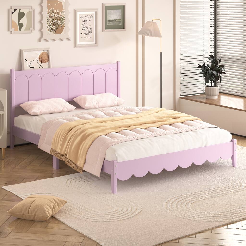Queen Size Wood Platform bed Frame, Retro Style bed with Rectangular Headboard,No Need Box Spring,Pink