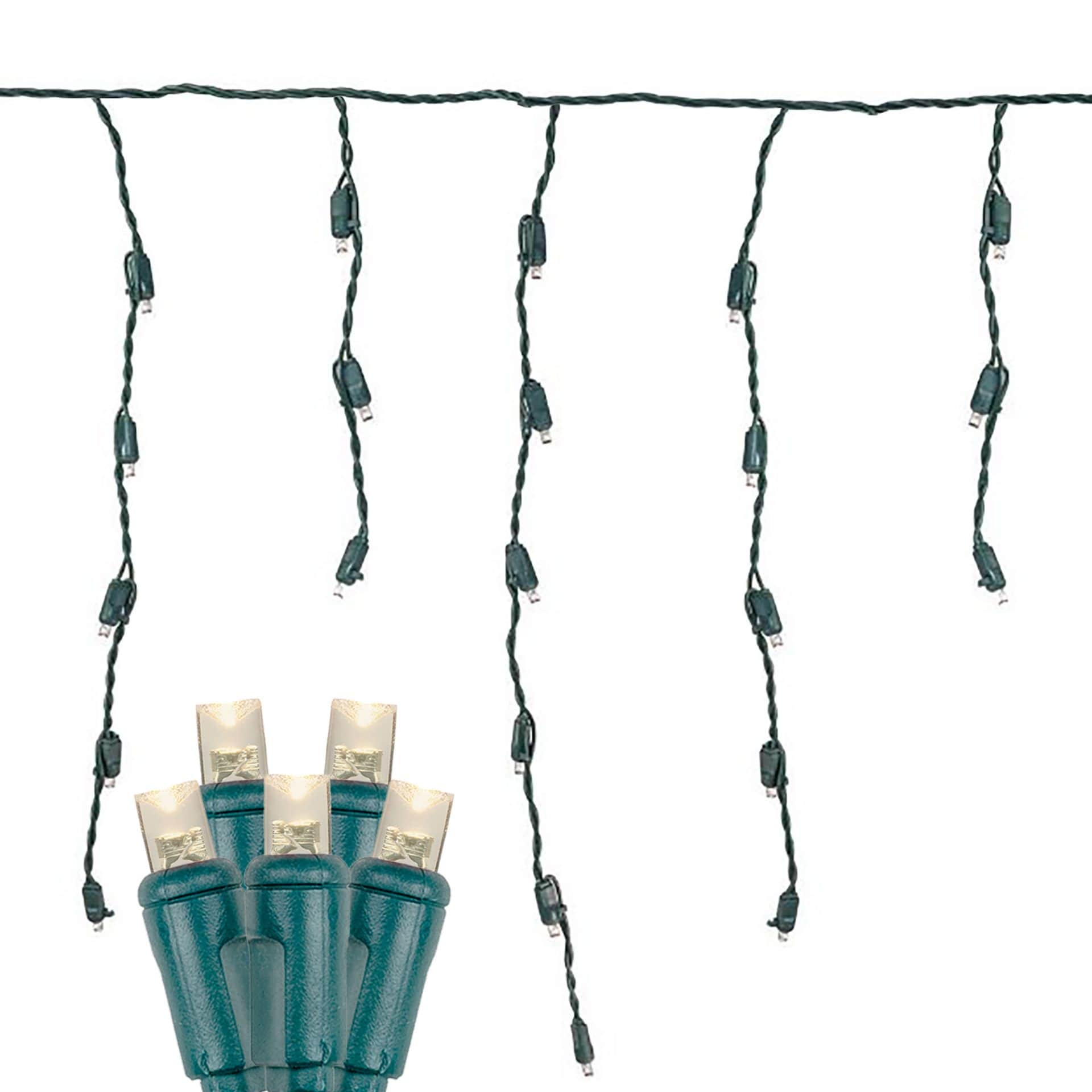 Christmas LED Icicle Light Set, Warm White, Green Wire, 7.5' Long, 70 Light - Warm White