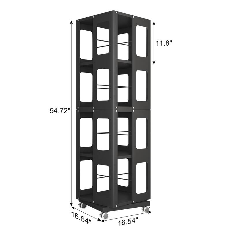 Grey 4-Tier Rotating Bookshelf Heavy Duty Steel Storage Shelf for Home Office Study Room - 16.54" x 16.54" x 54.72"