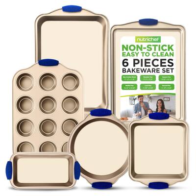Nonstick Bakeware Set - Premium Carbon Steel Baking Trays w/Heat-Safe Silicone Handles - Includes Loaf Pan, Muffin/Cupcake Pan
