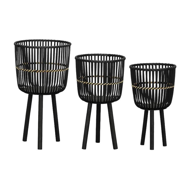 S/3 Bamboo Footed Planters 11/13/15" - Black