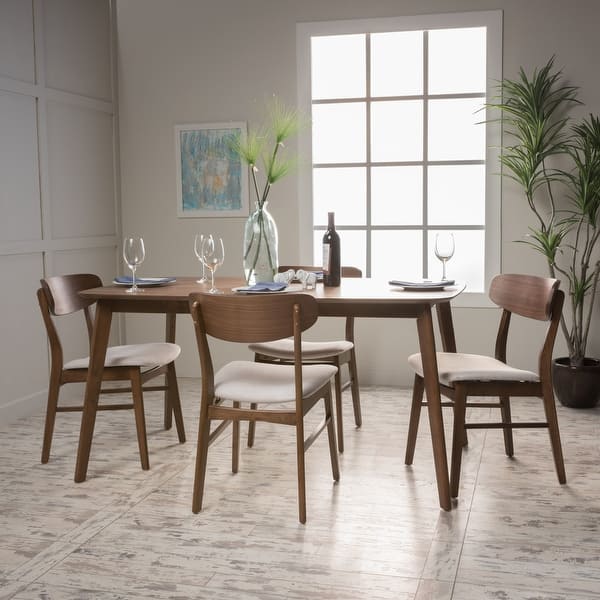 slide 2 of 13, Dimick Mid-Century Modern 5 Piece Dining Set by Christopher Knight Home Natural Walnut + Light Beige