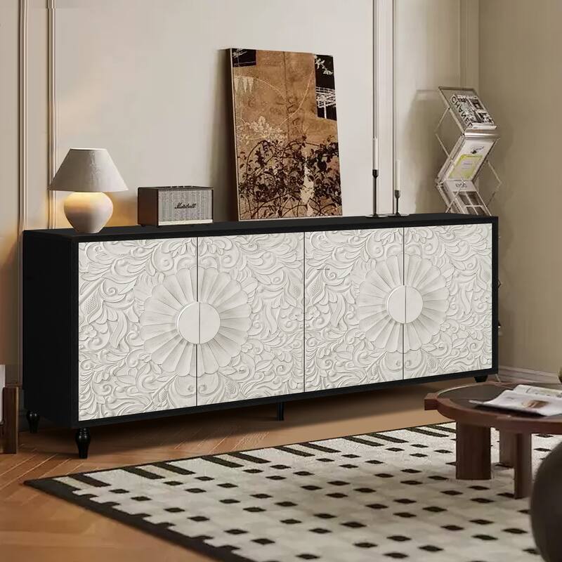 Carved Doors Storage Cabinet Buffet Sideboard Console Table, Black White