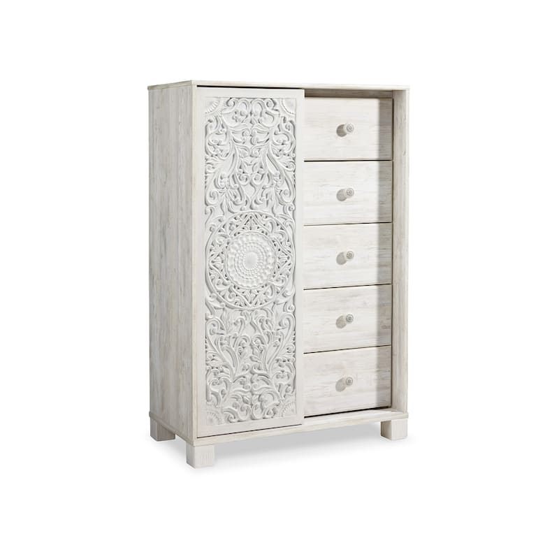 Paxy Tall Dresser Chest, 5 Drawers, Carved Sliding Door, Whitewash