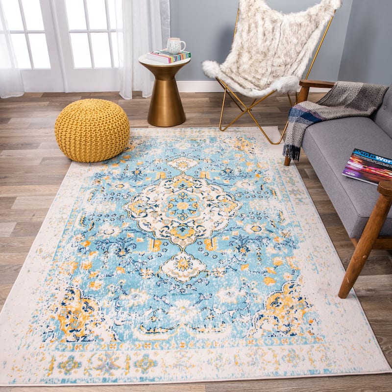 The Curated Nomad Sunset Bohemian Vintage Medallion Rug - 3'3" X 5' - Blue