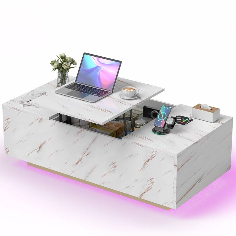 Pocassy LED Coffee Table 47.2" Coffee Tables with Storage Shelf