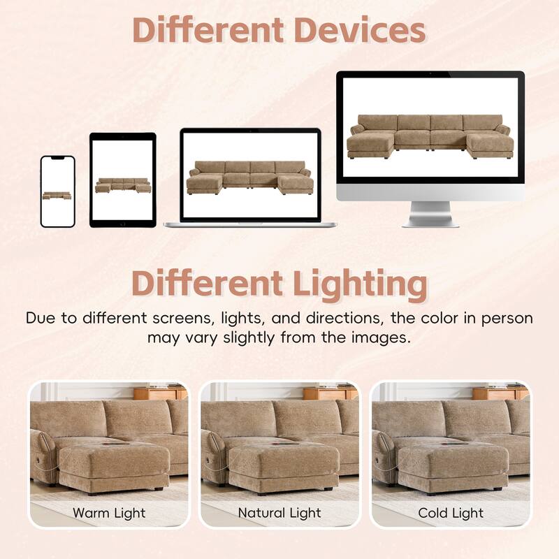 Modular Sectional Sofa Set with Petal Armrest Design External USB and Type-C Charger, Movable Ottoman, Chenille