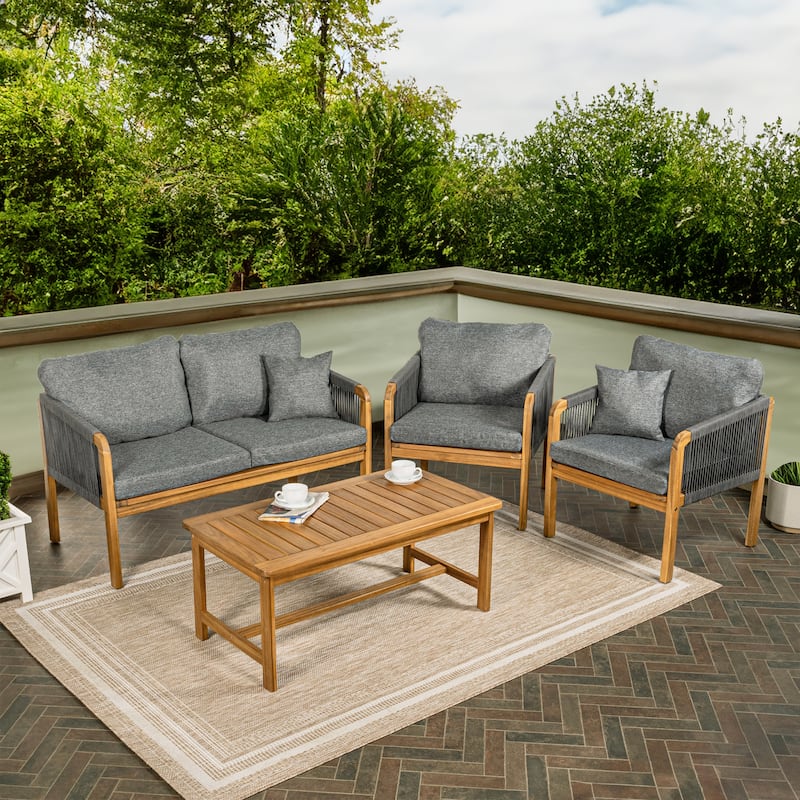 Aveiro 4-Piece Modern Bohemian Acacia Wood Outdoor Patio Set with Cushions and Plain Decorative Pillows, by JONATHAN Y