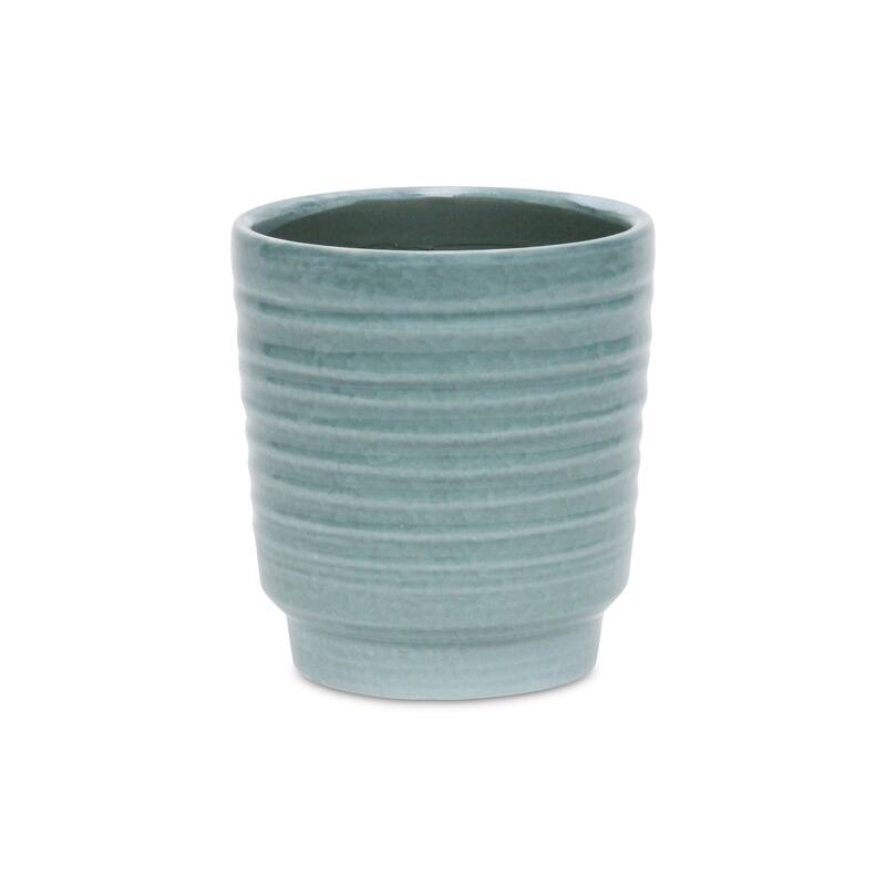 HomeRoots Celadon Ceramic 35 Ounce Striped Round Distressed Pot Planter - 5.00 in. x 5.50 in. x 5.00 in.