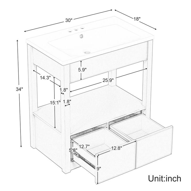 30" Bathroom Vanity with Sink Top, Open Storage Shelf and Two Drawers